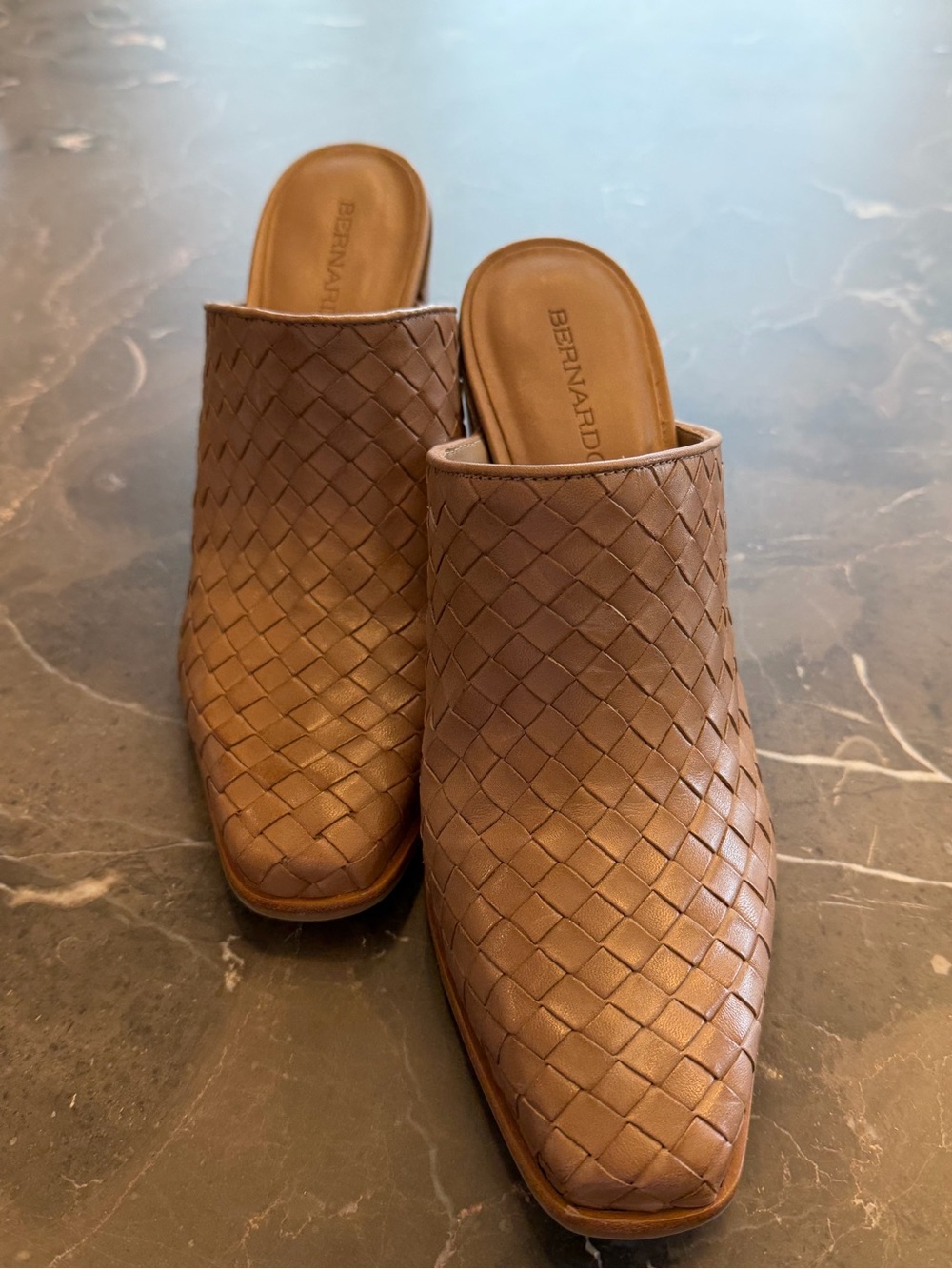 Bernardo Tan Woven Leather Slip-On Mules